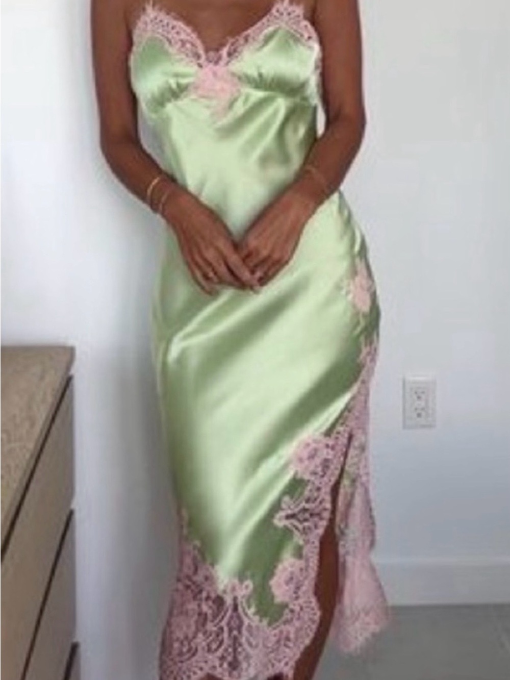Alice + Olivia Pistachio Satin Midi Slip Dress with Pink Lace Trim